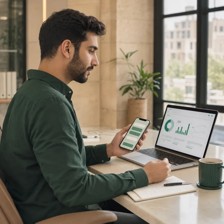 Jordanian marketing specialist planning a customer messaging campaign and reviewing delivery analytics