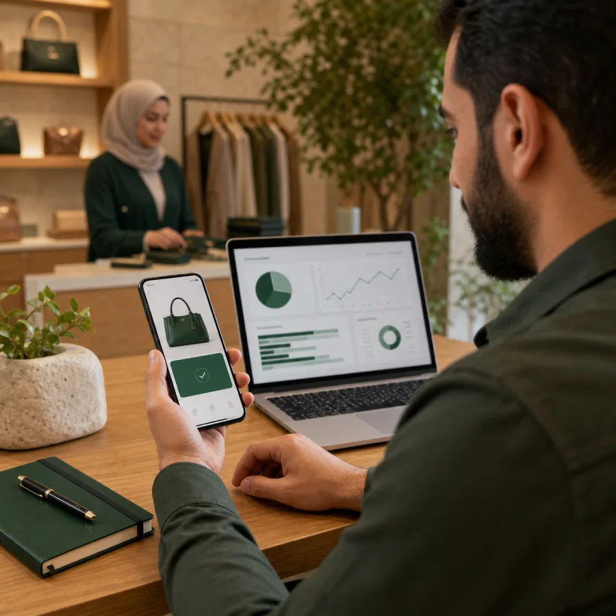 Jordanian business owner reviewing a product offer, payment confirmation, and business analytics