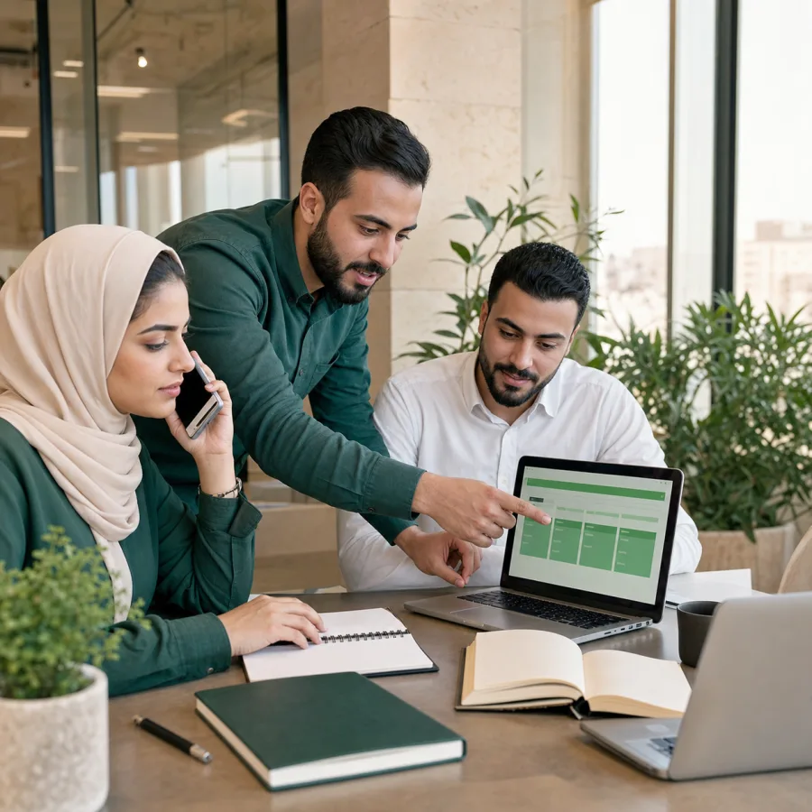 Jordanian customer service and sales teammates collaborating around a shared inbox and CRM pipeline